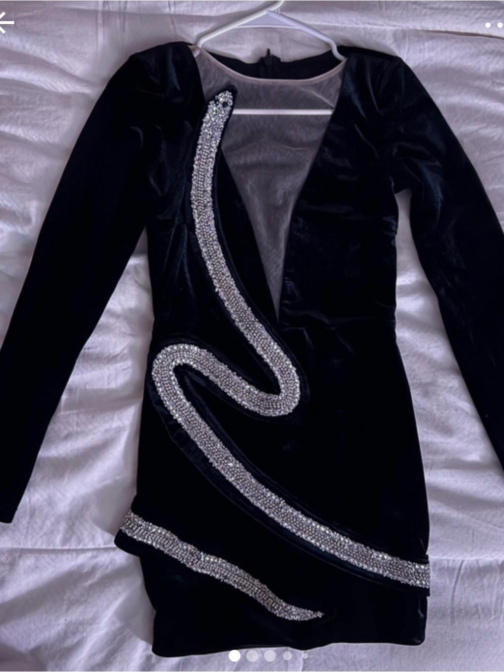Givenchy Black Velvet Long-Sleeve Mini Dress with Silver Crystal Swirl